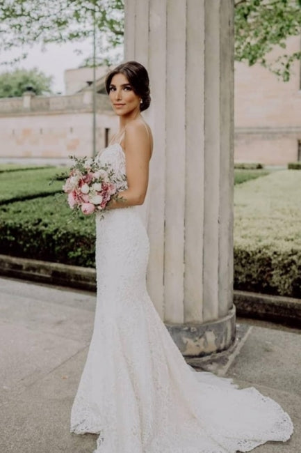 Sexy Trägertop-Armloses Meerjungfrau-Spitzen-Brautkleid mit Kapellenzug