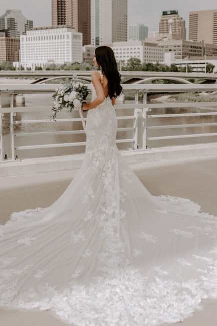 Sexy Trägertop-Armloses Meerjungfrau-Spitzen-Brautkleid mit Hofzug