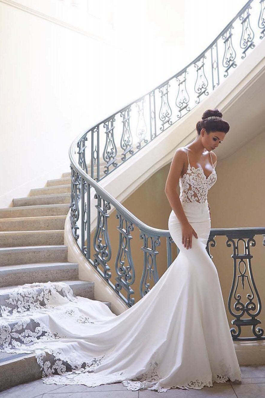 Sexy Trägertop-Hochzeitskleid | Meerjungfrau-Chiffon-Spitzen-Brautkleid