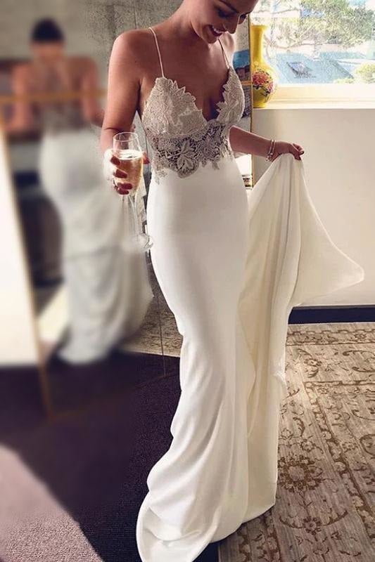 Sexy Trägertops Hübsche Meerjungfrau Lange Strand Elegante Hochzeitskleider mit Spitze