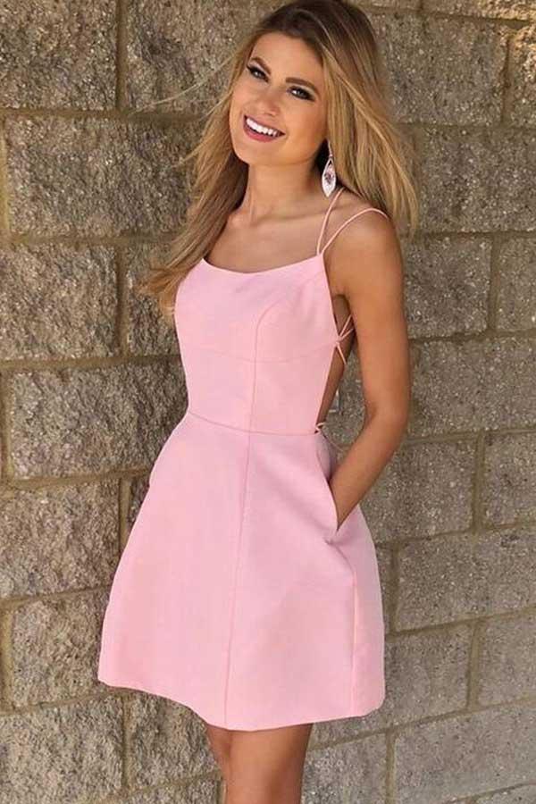 Sexy Träger Kurzes Rosa Heimkehrkleid Mit Taschen PD102