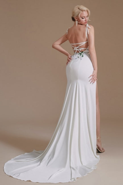 Sexy Trägerloses Meerjungfrau-Spitzenkleid mit Spaghettiträgern aus Satin in Bodenlänge