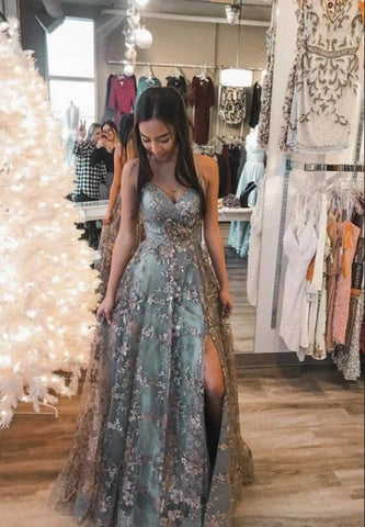 Sexy Spaghettiträger Sweetheart Aline Ballkleid Blumenspitze Abendkleid mit Seitenschlitz