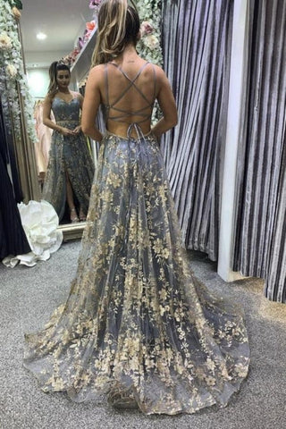 Sexy Spaghettiträger Sweetheart Aline Ballkleid Blumenspitze Abendkleid mit Seitenschlitz