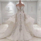 Sexy trägerloses Kristall-Meerjungfrau-Brautkleid mit Überrock und langer Schleppe