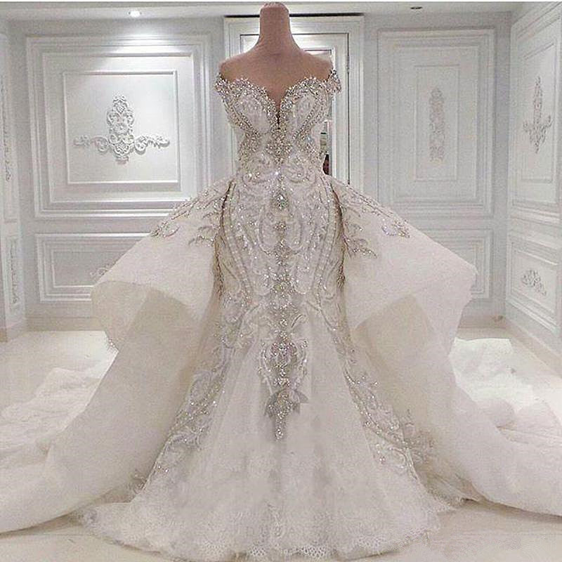 Sexy trägerloses Kristall-Meerjungfrau-Brautkleid mit Überrock und langer Schleppe