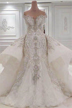 Sexy trägerloses Kristall-Meerjungfrau-Brautkleid mit Überrock und langer Schleppe