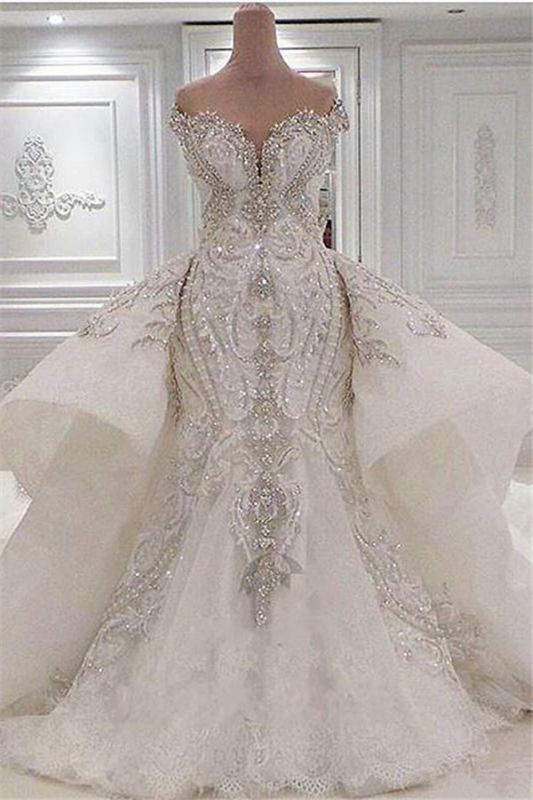 Sexy trägerloses Kristall-Meerjungfrau-Brautkleid mit Überrock und langer Schleppe