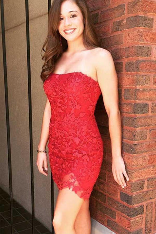 Sexy trägerloses, enges, rotes, kurzes Ballkleid aus Spitze für die Heimkehr PD394