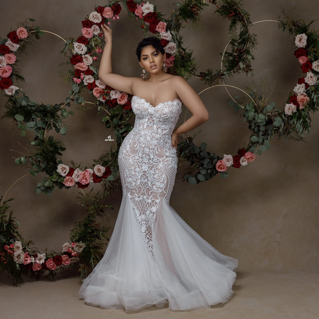 Sexy Sweetheart schulterfreies Spitzen-Meerjungfrauen-Brautkleid mit Applikation