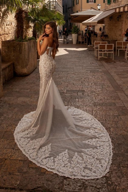 Sexy süßes trägerloses Meerjungfrau-Spitzen Brautkleid