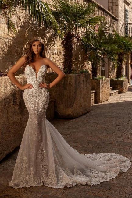 Sexy süßes trägerloses Meerjungfrau-Spitzen Brautkleid