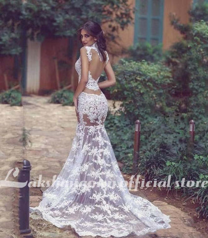 NumberSea Sexy Transparent Brautkleider High Neck Mermaid Spitze