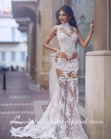 NumberSea Sexy Transparent Brautkleider High Neck Mermaid Spitze
