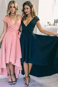 Abito homecoming sexy in raso scollo alto-basso a V con maniche a cap-sleeve PD073