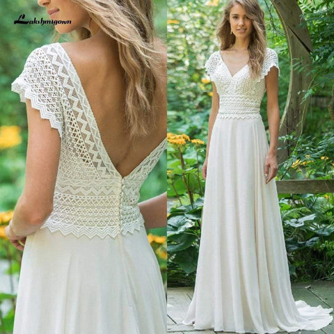 NumberSea Sexy V Neck Chiffon Beach Wedding Dresses Lace Court Tail