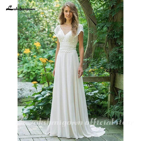 NumberSea Sexy V Neck Chiffon Beach Wedding Dresses Lace Court Tail