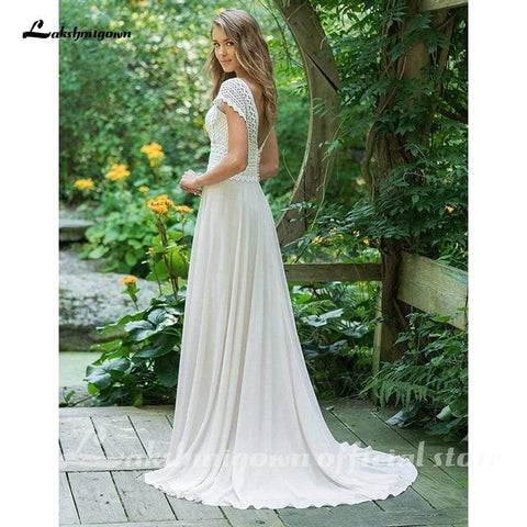 NumberSea Sexy V Neck Chiffon Beach Wedding Dresses Lace Court Tail