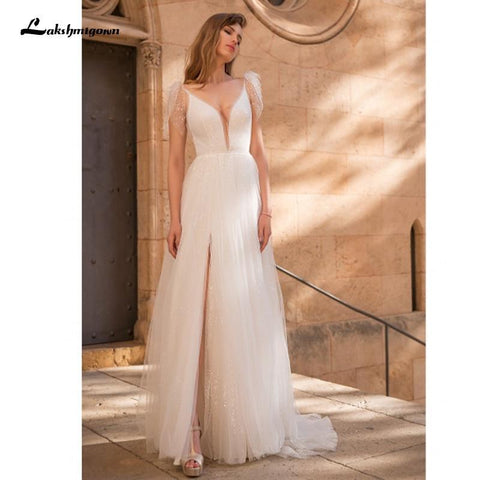 NumberSea Sexy V-Ausschnitt Spitzenoberteil Tüll Rückenfrei Boho Brautkleider