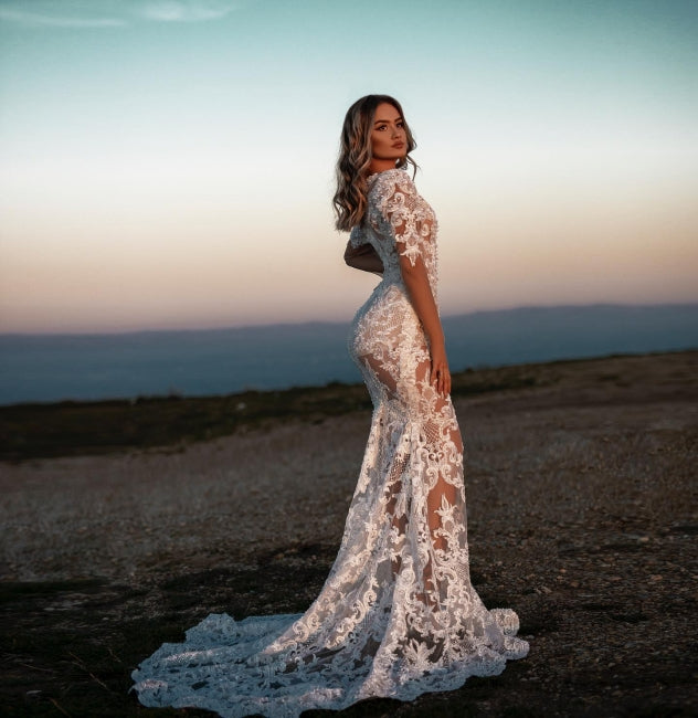 Sexy V-Ausschnitt Meerjungfrau-Spitzen Brautkleid mit Ärmeln