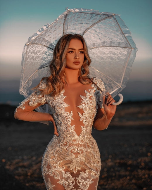 Sexy V-Ausschnitt Meerjungfrau-Spitzen Brautkleid mit Ärmeln