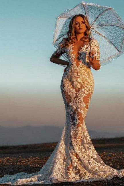 Sexy V-Ausschnitt Meerjungfrau-Spitzen Brautkleid mit Ärmeln