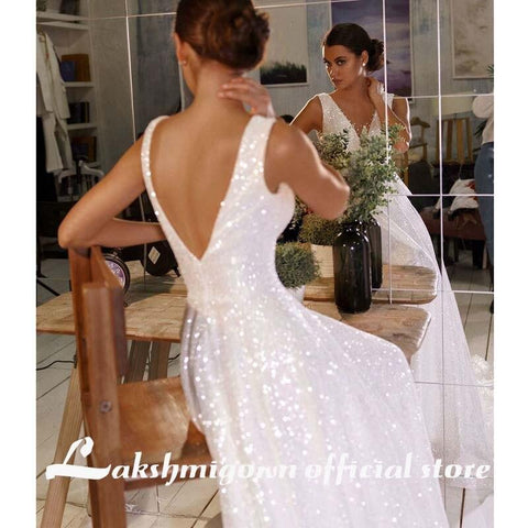 NumberSea Sexy V-Ausschnitt glänzender Tüll Brautkleider Perlen Sexy Rückenfrei Schöne Lange Frauen Hochzeitskleidung Benutzerdefinierte Vestidos De Mariee