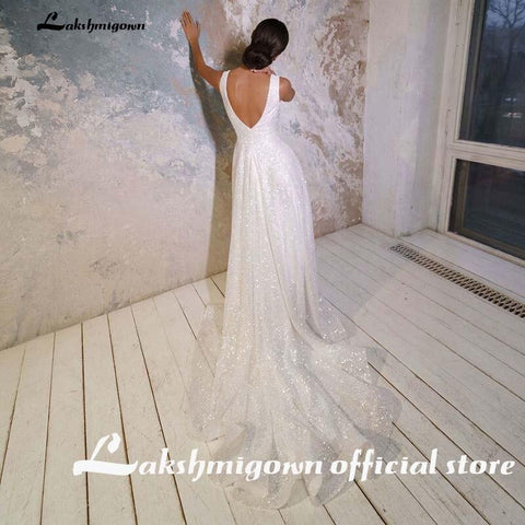 NumberSea Sexy V-Ausschnitt glänzender Tüll Brautkleider Perlen Sexy Rückenfrei Schöne Lange Frauen Hochzeitskleidung Benutzerdefinierte Vestidos De Mariee
