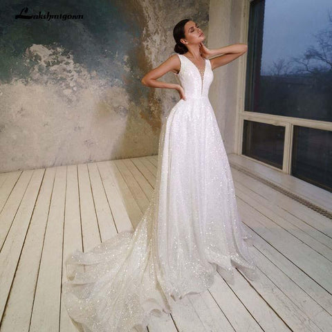 NumberSea Sexy V-Ausschnitt glänzender Tüll Brautkleider Perlen Sexy Rückenfrei Schöne Lange Frauen Hochzeitskleidung Benutzerdefinierte Vestidos De Mariee