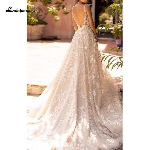 NumberSea Sexy Brautkleid mit V-Ausschnitt, Spaghettiträgern, rückenfrei, A-Linie