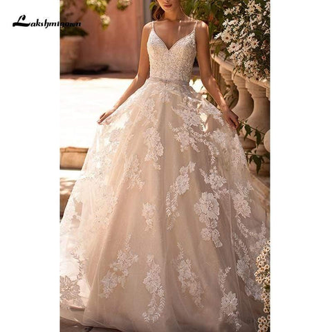 NumberSea Sexy Brautkleid mit V-Ausschnitt, Spaghettiträgern, rückenfrei, A-Linie