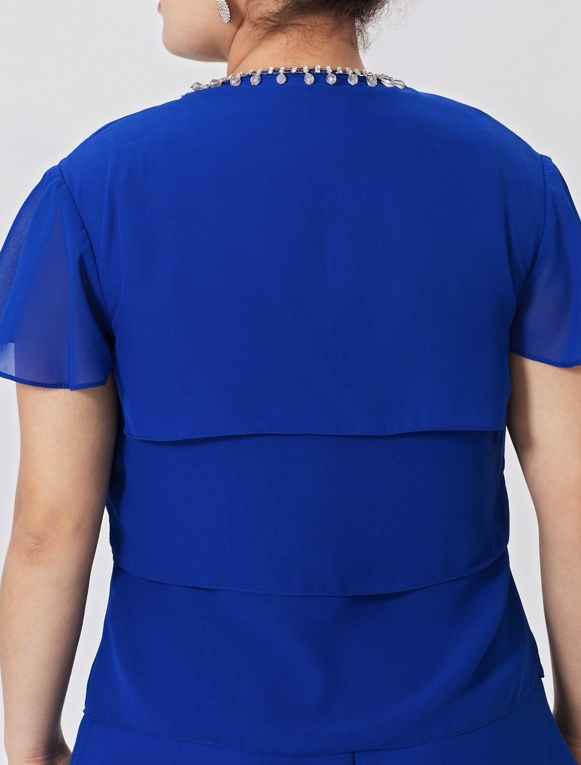 Vestido de mãe da noiva com bainha/coluna, clássico e intemporal, elegante e luxuoso, tamanho grande, decote em joia, comprimento até ao joelho, chiffon, manga curta com cristais, em camadas