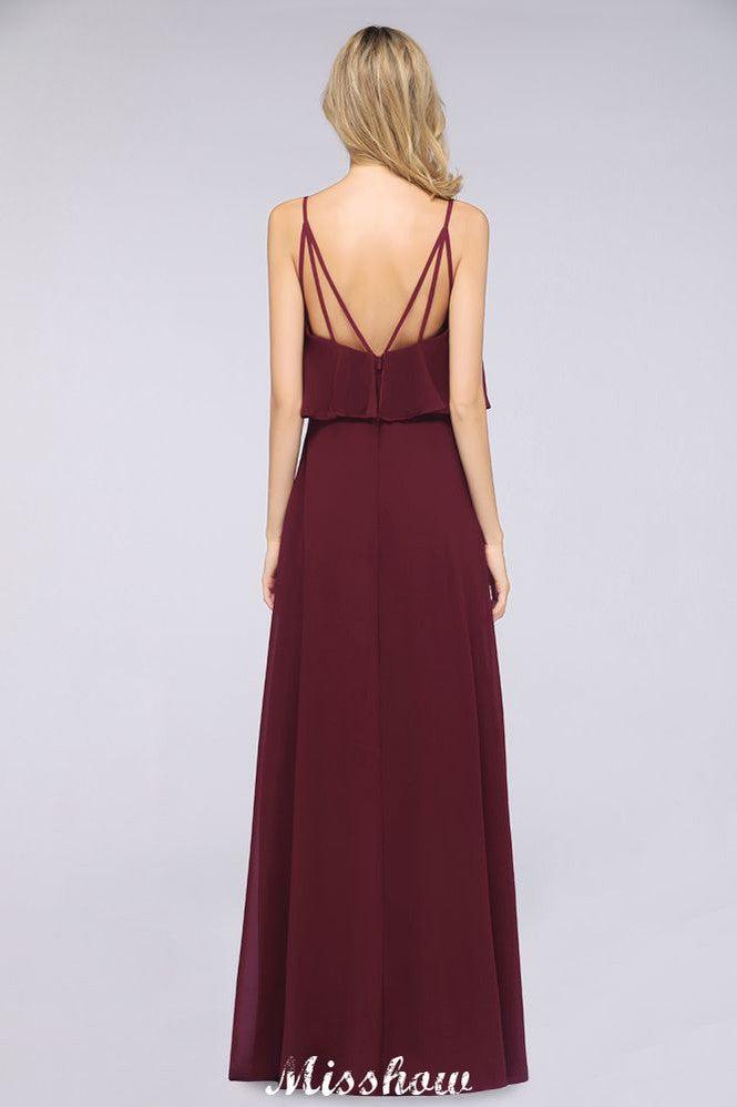 Shapghetti Burgundy Bridesmaid Dress Backless Chiffon Wedding Guest Dress