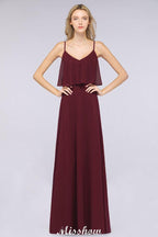 Shapghetti Burgundy Bridesmaid Dress Backless Chiffon Wedding Guest Dress