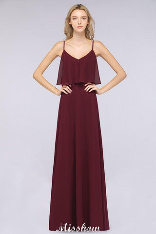 Shapghetti Burgunder Brautjungfernkleid Rückenfreies Chiffonkleid für Hochzeitsgäste