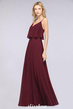 Shapghetti Burgundy Bridesmaid Dress Backless Chiffon Wedding Guest Dress