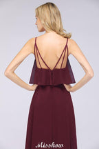 Shapghetti Burgundy Bridesmaid Dress Backless Chiffon Wedding Guest Dress