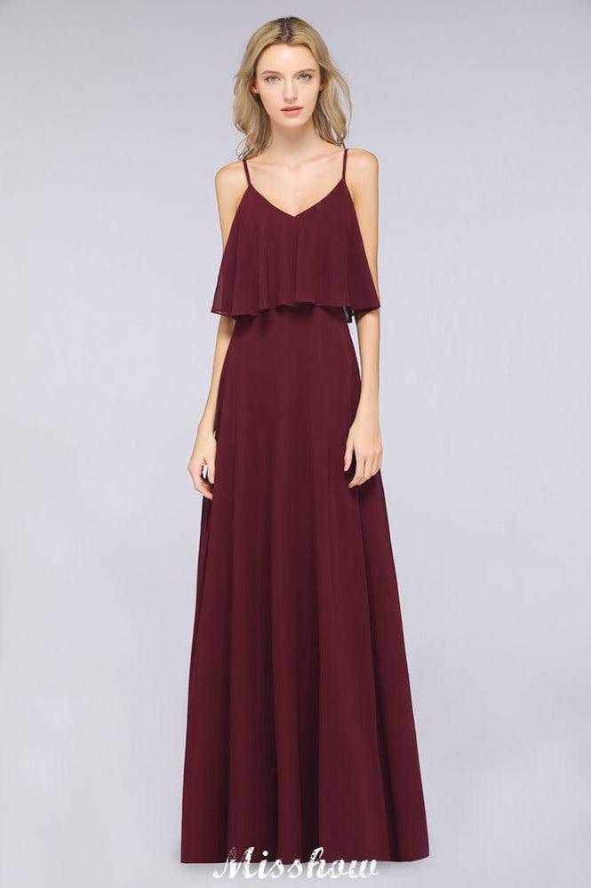 Shapghetti Burgundy Bridesmaid Dress Backless Chiffon Wedding Guest Dress