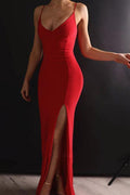 Etuikleid mit Spaghettiträgern, elastischem Satin, rot, lang, Ballkleid PG797