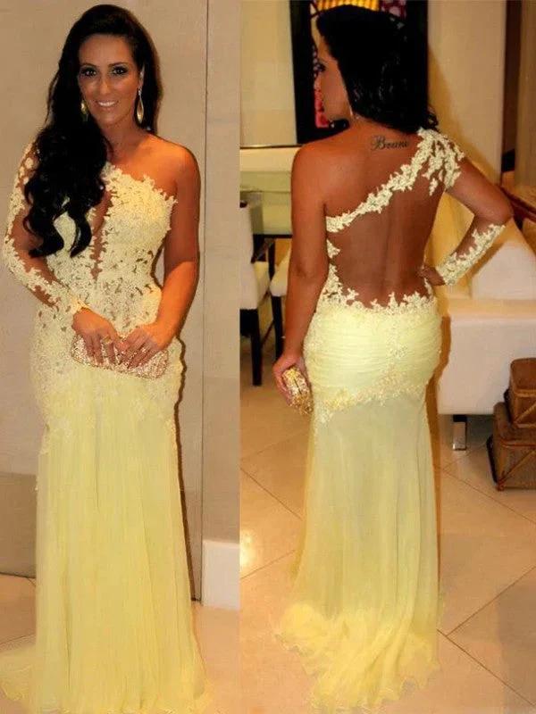 Sheath/Column One-Shoulder Applique Long Sleeves Chiffon Prom Dresses by misshow.com