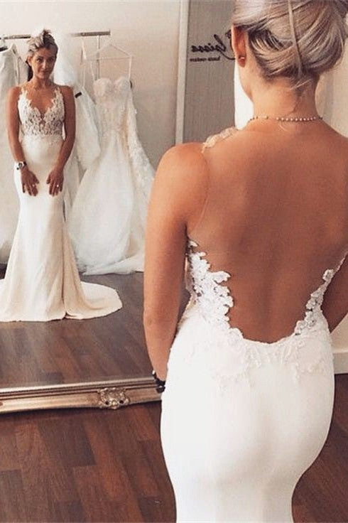 Hochzeitskleid mit durchsichtigem Rücken Meerjungfrau-Stil Ärmellos Spitze Sommer Strand Brautkleidung