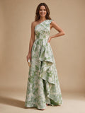 Jacquard A-Line/Princess One Shoulder Floor-Length Evening Dresses with Ruffles - Pink Green