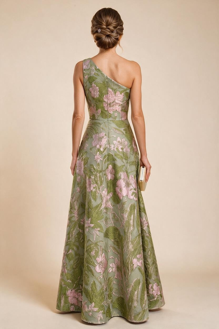 Floral Print One Shoulder A-Line Evening Gown - Sage Floral, Back View