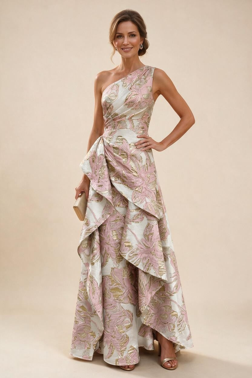 Floral Print One Shoulder A-Line Evening Gown - Blush Pink, Front View