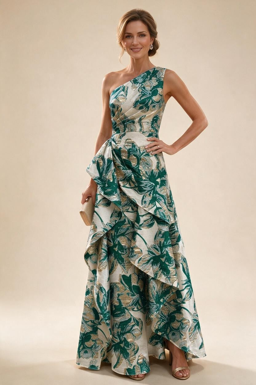 Floral Print One Shoulder A-Line Evening Gown - Teal, Front View