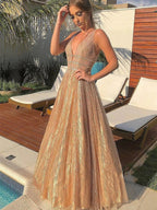Shiny A-line V Neck Sparkly Backless Long Prom Formal Graduation Evening Dresses