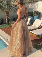 Shiny A-line V Neck Sparkly Backless Long Prom Formal Graduation Evening Dresses