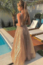 Shiny A-line V Neck Sparkly Backless Long Prom Formal Graduation Evening Dresses