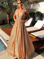 Shiny A-line V Neck Sparkly Backless Long Prom Formal Graduation Evening Dresses