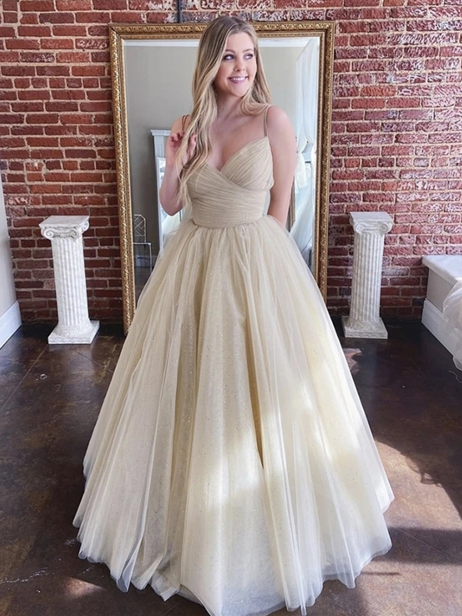 Glänzendes A-Linien-Tüllkleid mit V-Ausschnitt und langem Ball- und Abendkleid